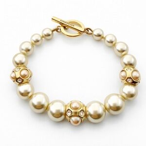 Givenchy Gold Tone Faux Pearl Bracelet with Rhinestone Accents – Toggle Clasp